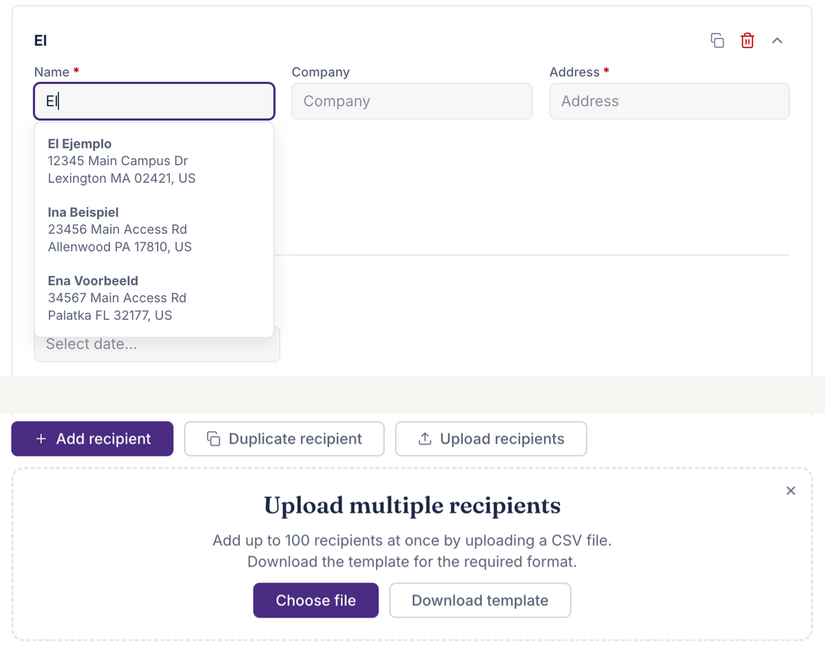 Saved addresses & spreadsheet upload
