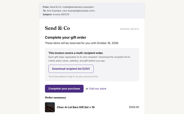 Customized invoice email with downloadable recipient details